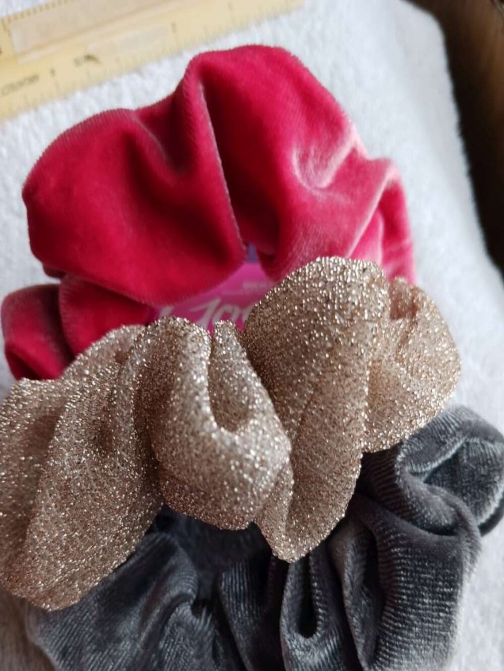 3 Goody Scrunchies Soft Velvet Fabric Tinsel Glitter Elastic Ponytailer Bands